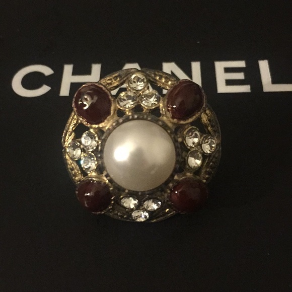 CHANEL Jewelry - Chanel Pearl Brooch/Pin w/ Crystals & Red Stones